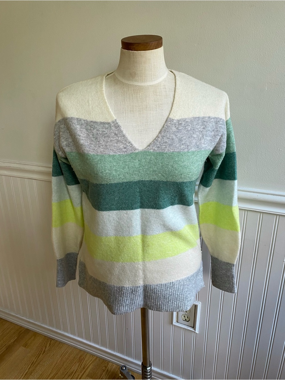 LOFT Striped V-Neck Sweater in Cream, Gray, Green and Lime